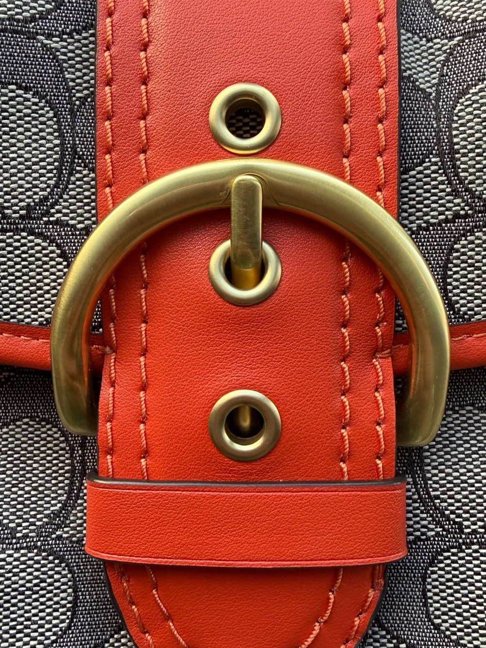 Coach Mini Shoulder Bag in Signature Canvas with Orange Leather Trim
